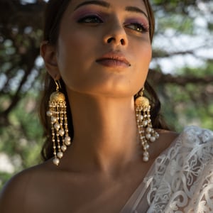 Pearl Jhumka Dangle and Drop ~ Indian Wedding Statement Earrings ~ Long Danglers ~ Gold Pearl Earrings ~ Handmade Jewelry ~ Festive Jewelry