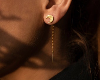 Crescent moon Threader earrings, Sterling silver Minimalist earrings, Modern chain minimal jewelry 18k gold plated, Celestial jewelry
