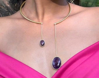 Handmade Gold Plated Amethyst Choker Necklace: Brass Gemstone Collar neckpiece
