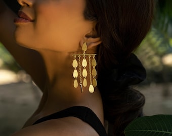 Gold Leaf earrings ~ Dangle and Drop Earrings ~ Handmade jewelry Statement earrings long ~ 18k gold Brass Earrings ~ Christmas Gift for her