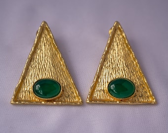 Unique Green Geometric Earrings ~ Gold Statement Earrings ~ Oversized Earrings ~ Handmade jewelry ~ Brass earrings ~ Valentines Gift for her
