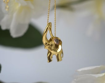 Elephant Necklace Gold | Spiritual Animal Jewelry | Brass 18k Gold Plated | Blue & Pink Sapphire Necklace | Long Necklace Cute Gift for her
