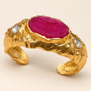 Gold Gemstone Bracelet Cuff Sculptural jewelry | Gift Jewelry | Rich rasberry ruby Rough stone