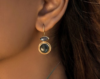 Labradorite Earrings ~ Brass Handmade jewelry ~ Gold Minimal Earrings ~ Artisanal Gemstone Earrings ~ Gift ~ Dangle Western earrings