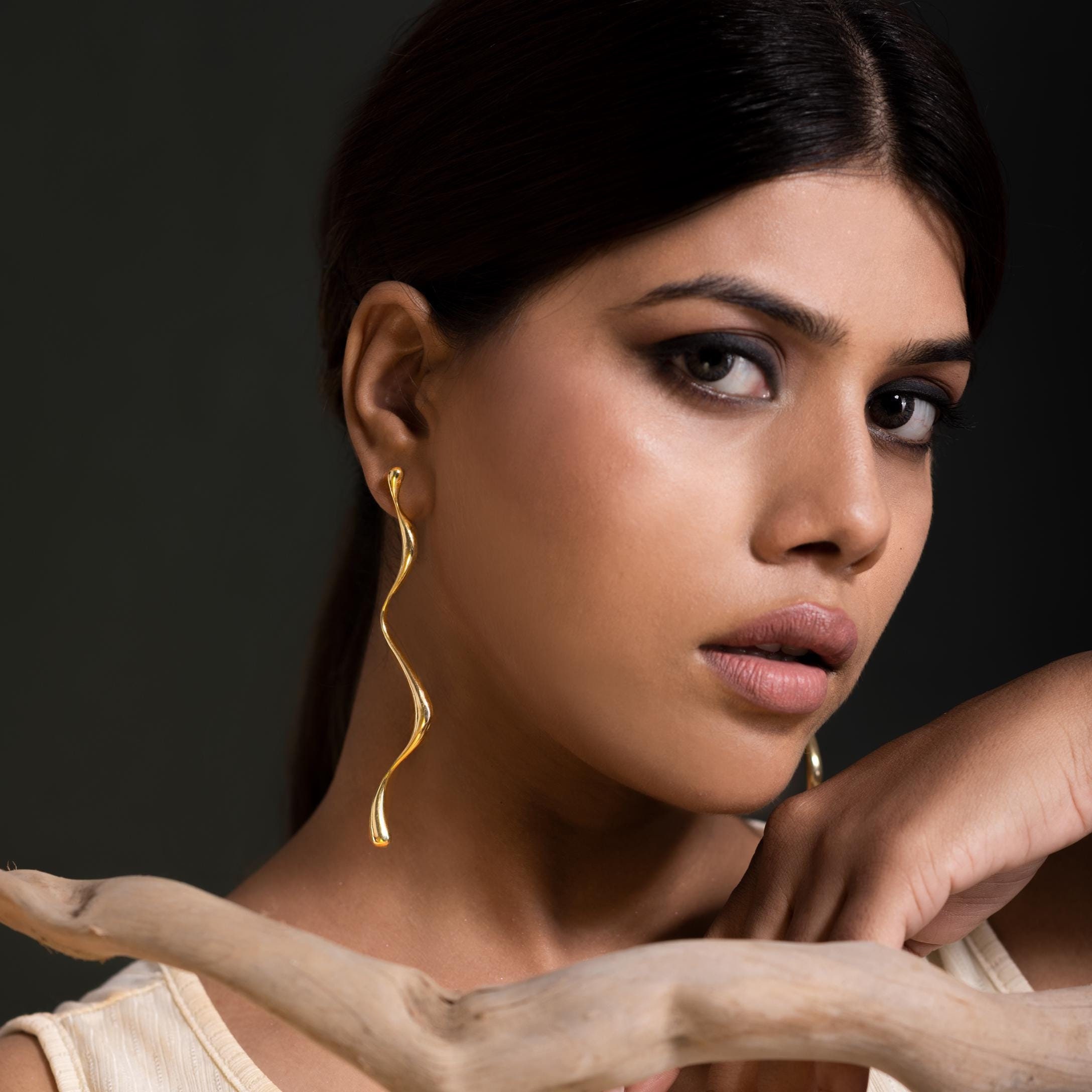 Long dangle earrings Gold Sculptural handmade jewelry ~ Wedding Gift for her ~ Gold Statement Earrings Bold Big Silver Minimal Jewelry