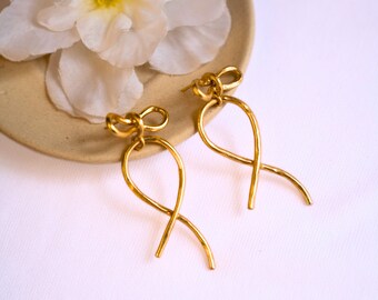 Bow Earrings ~ Gold Ribbon Earrings ~ Gold Bow Drop Earrings ~ Cute Earrings ~ Bow Jewelry ~ Dangle earrings 18k gold plated ~ Gift for her