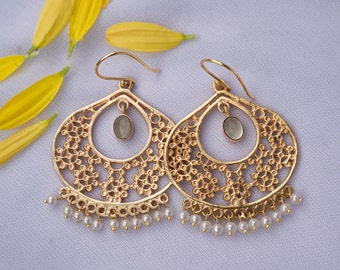Dangle and Drop Earrings ~ Pearl Floral Earrings ~ Chandbali Earrings ~ Handmade jewelry ~ Brass Gold Statement Jewelry ~ Gift for her