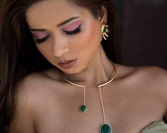 Green Onyx Choker Necklace Handmade jewelry ~ Gold Statement Collar Necklace Brass Jewelry ~ Christmas Gift for her ~ Fashion jewelry ~DIORA
