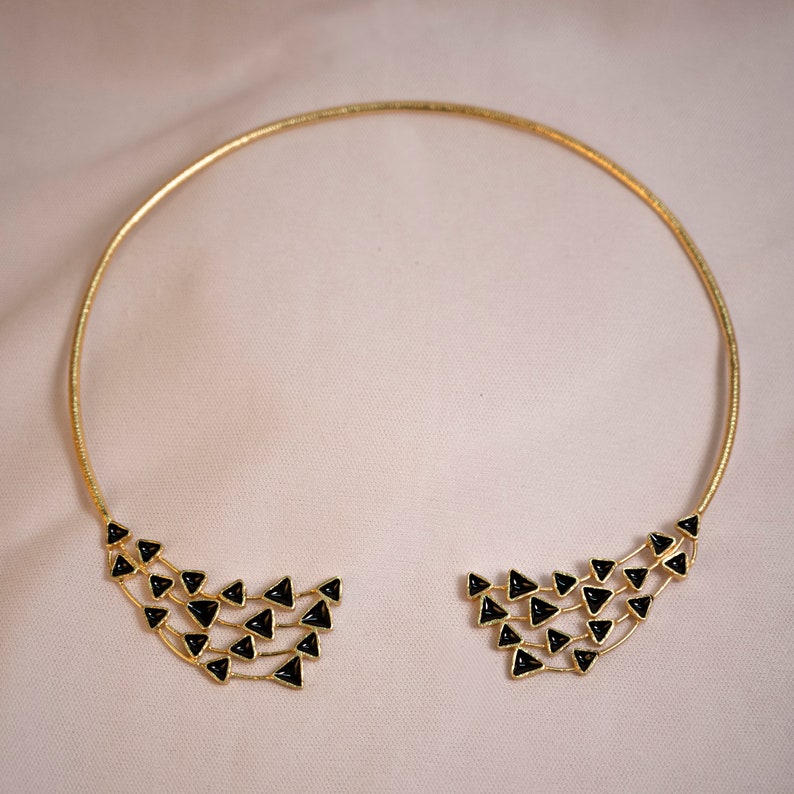 Black Choker Necklace Gold Statement Jewelry Gold Collar Necklace Handmade Jewelry Brass Jewelry Festive Jewelry Fashion Jewelry Dangle and Drop Earrings One of a kind Jewelry Christmas Gift for her Party wear Jewlery Accessories for woman