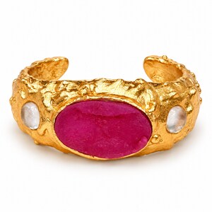 Gold Gemstone Bracelet Cuff Sculptural jewelry | Gift Jewelry | Rich rasberry ruby Rough stone