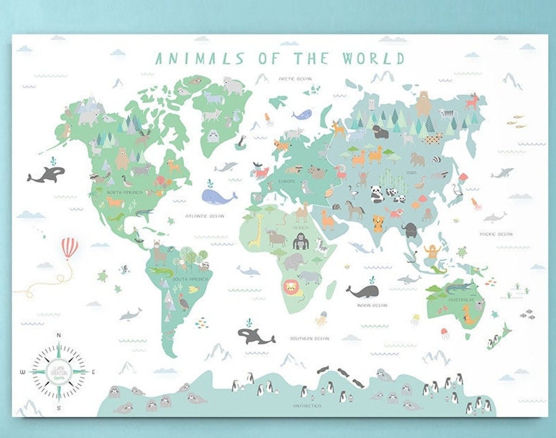 World Map Print for Kids, Animal World Map Print, Nursery Kids Decor ...