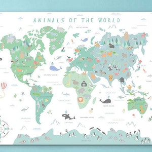 Weltkarte Druck für Kinder, Animal World Karte Druck, Kinderzimmer Deko, Kinder Kunstdruck, Spielzimmer Kunst, Weltkarte Illustration, Bildung