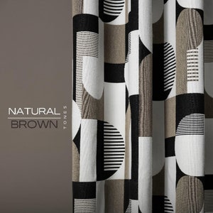 Geometric Curtain in Natural Brown Tones – Earth Tone, Black and White Modern Drapes, Curtain for Living Room, Custom Sizes Available