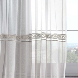 Light-Filtering Sheer Curtains with Greek Key Trim – Living Room Drapes, Multifunctional Tape, Elegant Home Décor