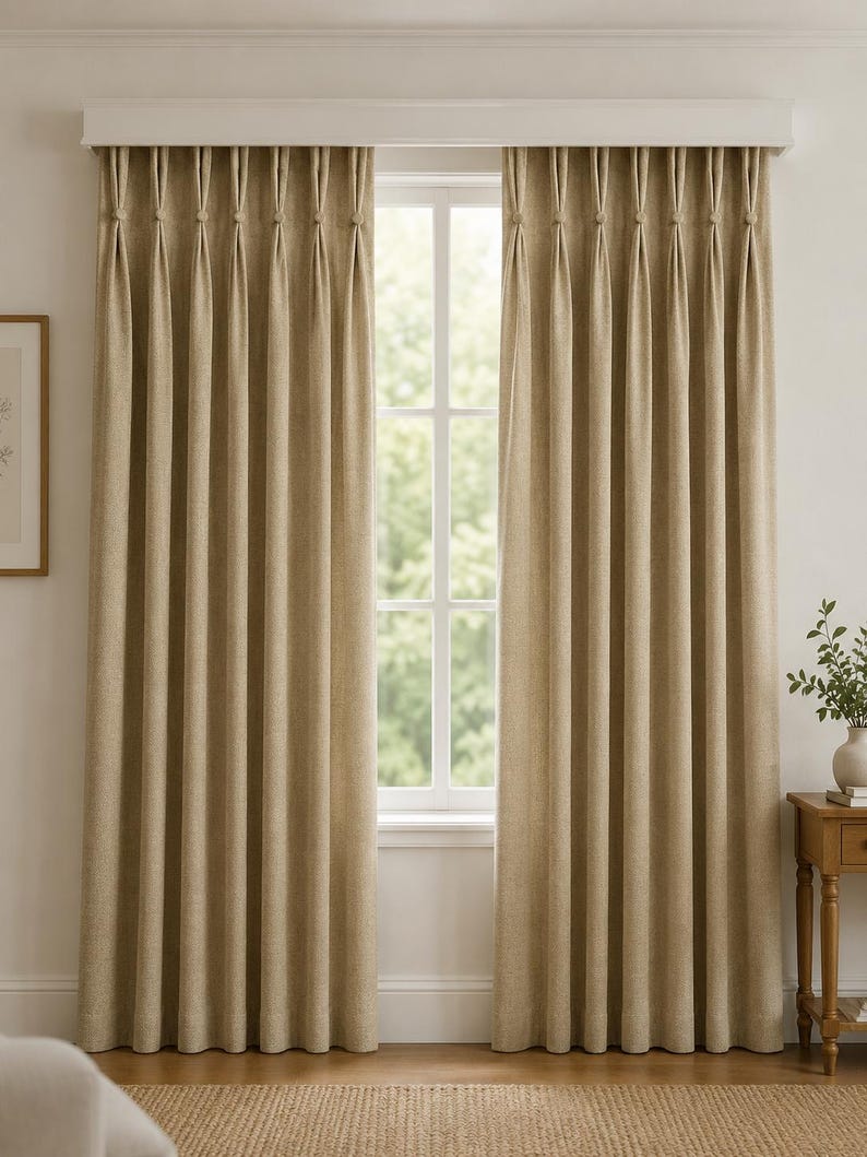 May include: A pair of floor-length, beige curtains featuring a pinch pleat header design. The fabric has a textured, woven appearance and hangs in uniform vertical folds from a white curtain rod mounted above a window frame.