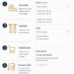May include: An instructional infographic titled HOW TO ORDER from Mupai Curtains Drapery. It outlines four steps: measure windows, choose width and length, personalise with notes, and production. Includes dropdown menus for panel options and colour selection.