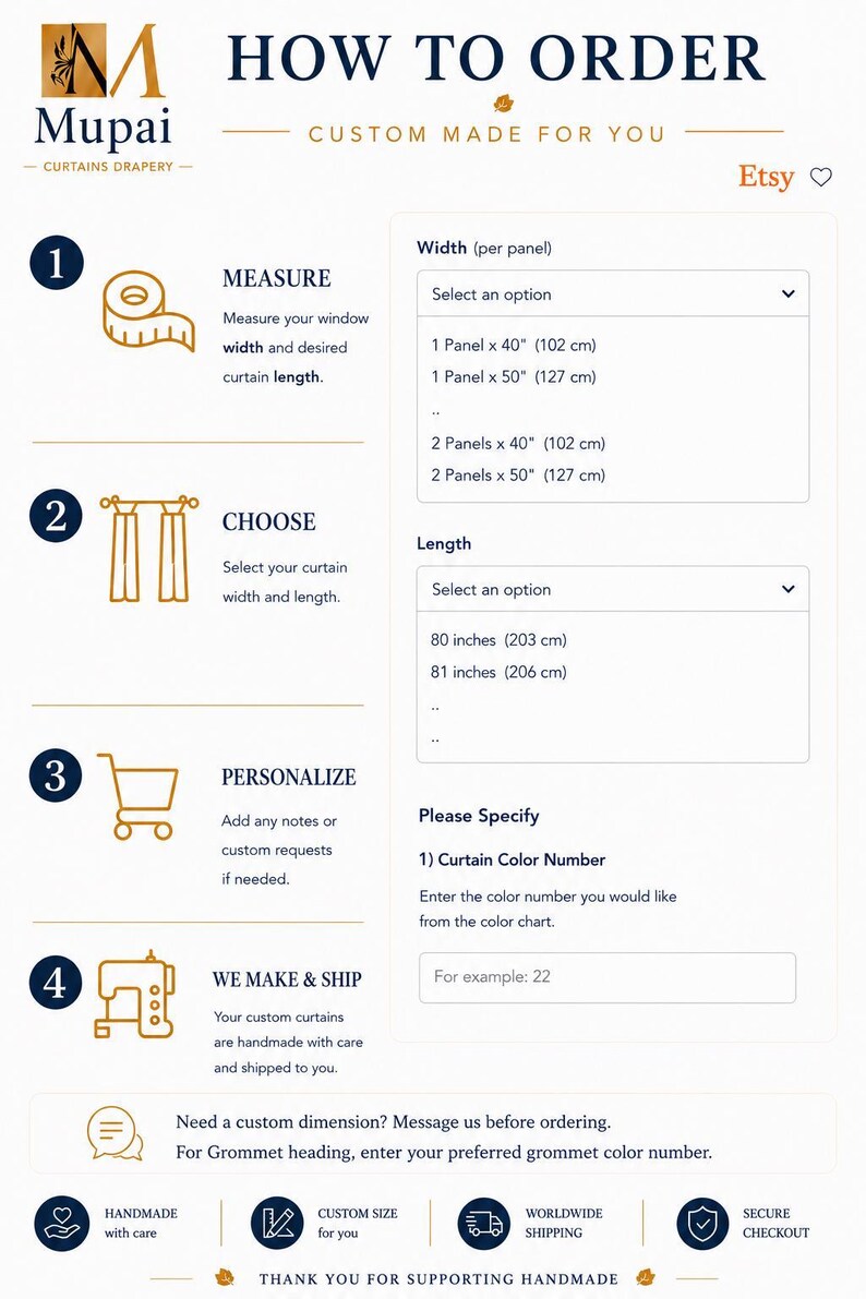 May include: An instructional infographic titled HOW TO ORDER from Mupai Curtains Drapery. It outlines four steps: measure windows, choose width and length, personalise with notes, and production. Includes dropdown menus for panel options and colour selection.