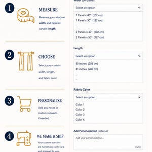 May include: An instructional infographic titled HOW TO ORDER Mupai Curtains Drapery. It outlines four steps: measure windows, choose curtain width and length, personalize with notes, and production. It includes dropdown menus for width, length, and fabric color.