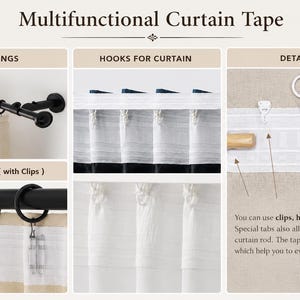 May include: Multifunctional curtain tape featuring white fabric with integrated slots for hardware. The image displays black curtain rings, metal clips, and hooks attached to the tape, demonstrating various hanging methods for curtains.