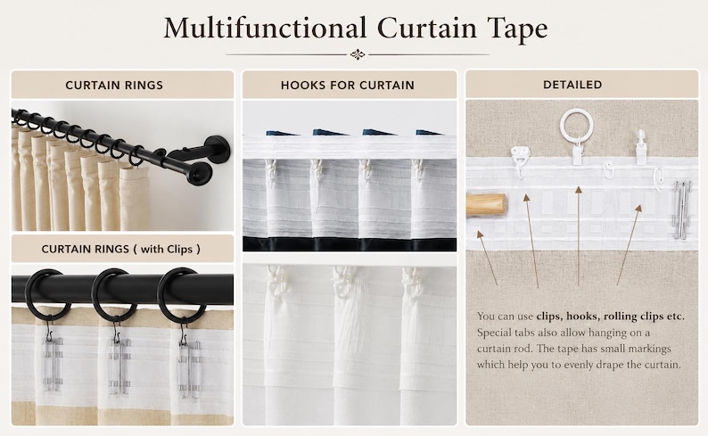 May include: Multifunctional curtain tape featuring white fabric with integrated slots for hardware. The image displays black curtain rings, metal clips, and hooks attached to the tape, demonstrating various hanging methods for curtains.