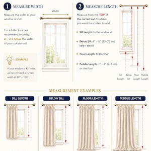 May include: An instructional infographic titled HOW TO MEASURE by Mupai Curtains Drapery. It details two steps for measuring windows: measuring width and measuring length, including specific examples for sill, below sill, floor, and puddle lengths.
