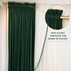May include: A dark green curtain panel with a rod pocket header, featuring a textured fabric surface. The text reads ROD POCKET HEADER, A CLEAN, GATHERED LOOK, and ROD SLIDES THROUGH THE SEWN-IN POCKET, with a diagram showing the rod insertion.