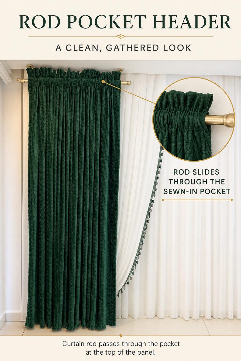 May include: A dark green curtain panel with a rod pocket header, featuring a textured fabric surface. The text reads ROD POCKET HEADER, A CLEAN, GATHERED LOOK, and ROD SLIDES THROUGH THE SEWN-IN POCKET, with a diagram showing the rod insertion.