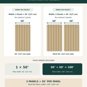 May include: An informational graphic titled HOW MANY PANELS WILL YOU RECEIVE? explaining curtain panel widths. It shows diagrams for 1 panel at 127 cm and 2 panels at 127 cm each, totalling 254 cm. Text clarifies that 127 cm refers to flat fabric width.