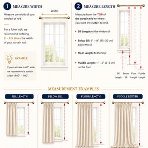 May include: An instructional infographic titled HOW TO MEASURE by Mupai Curtains Drapery. It illustrates two steps for measuring windows: width and length. It includes diagrams for sill, below sill, floor, and puddle length measurements.