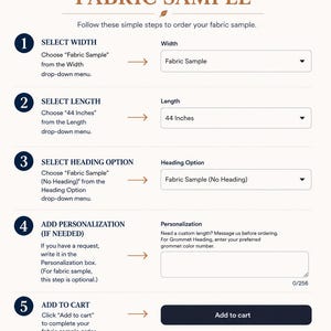 May include: An instructional graphic titled HOW TO ORDER FABRIC SAMPLE with five numbered steps. It displays drop-down menus for selecting width, length, and heading options, a personalisation text box, and an Add to cart button.