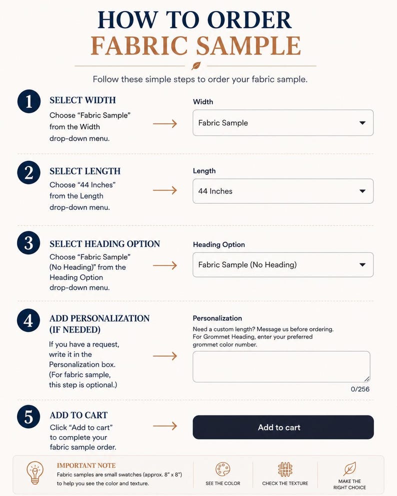 May include: An instructional graphic titled HOW TO ORDER FABRIC SAMPLE with five numbered steps. It displays drop-down menus for selecting width, length, and heading options, a personalisation text box, and an Add to cart button.