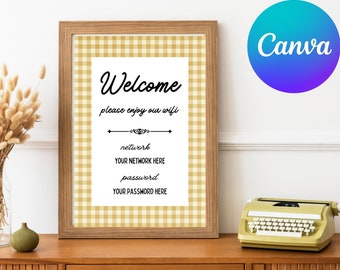 May include: A framed welcome sign with a gingham pattern in beige and brown. The sign says "Welcome, please enjoy our wifi, network, YOUR NETWORK HERE, password, YOUR PASSWORD HERE".
