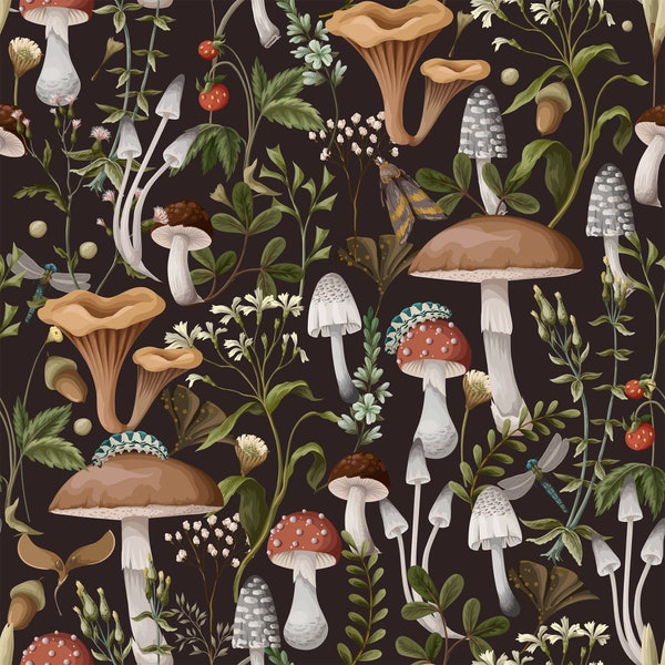 Botanical Mushrooms Wallpaper, Vintage Mushrooms mural, Peel and stick wallpaper, removable vinyl wallpaper, vinyl wallpaper