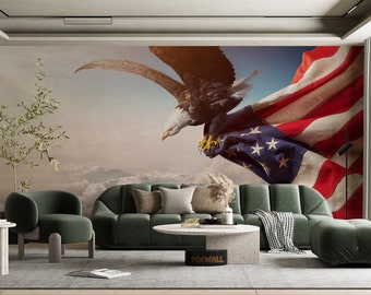 Black and White Eagle with America Flag Above the Clouds, self adhesive wallpaper, peel and stick mural, removable vinyl wallpaper wall, art