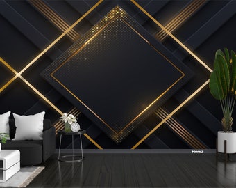 Goldene quadratische Linien auf einer schwarzen Tapete, moderne dunkle Tapete, abziehbares Vinyltapete
