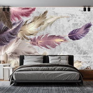 Colorful Bird Feathers Floating on Gray Background Wallpaper, Wall
