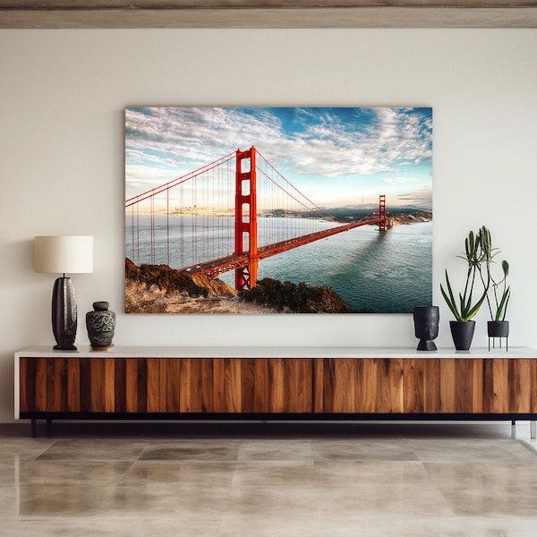 Puente Golden Gate sobre lienzo, Puente Golden Gate Arte de lienzo minimalista, Mesa para cocina, Pintura al óleo, Arte de pared, Decoración del hogar, Decoración de pared