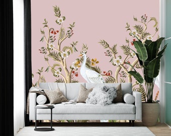 Chinoiserie white peacocks on white flowers wall mural, vinyl and peel and stick wallpaper, removable wallpaper, self adhesive wallpaper