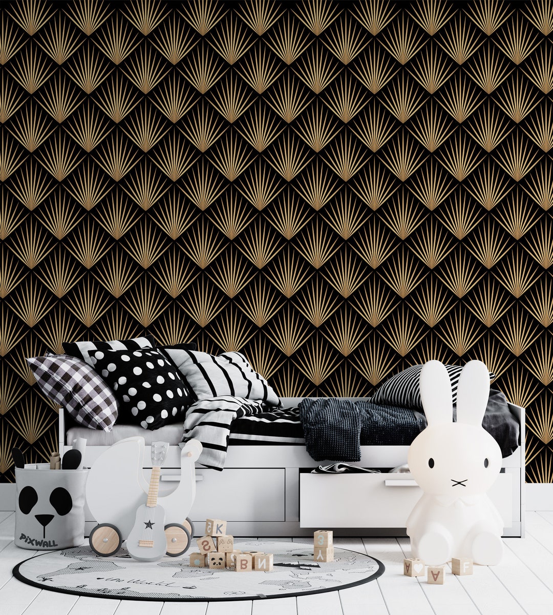 Black and Gold Murals, Art Deco Wallpaper, Peel and Stick Wallpaper
