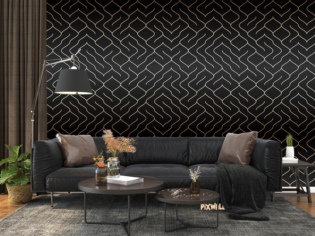 Tile Patterns With Gold Stripes on Black Background Living Room