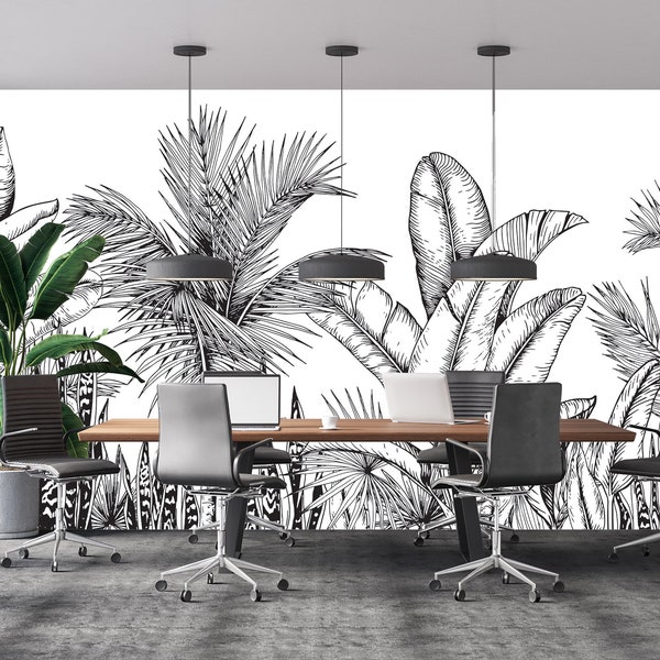 Drawing design black and white tropical leaves palm and banana, wallpaper, Wall Mural, Peel and stick, 3dwallpaper, digital prints, tropical