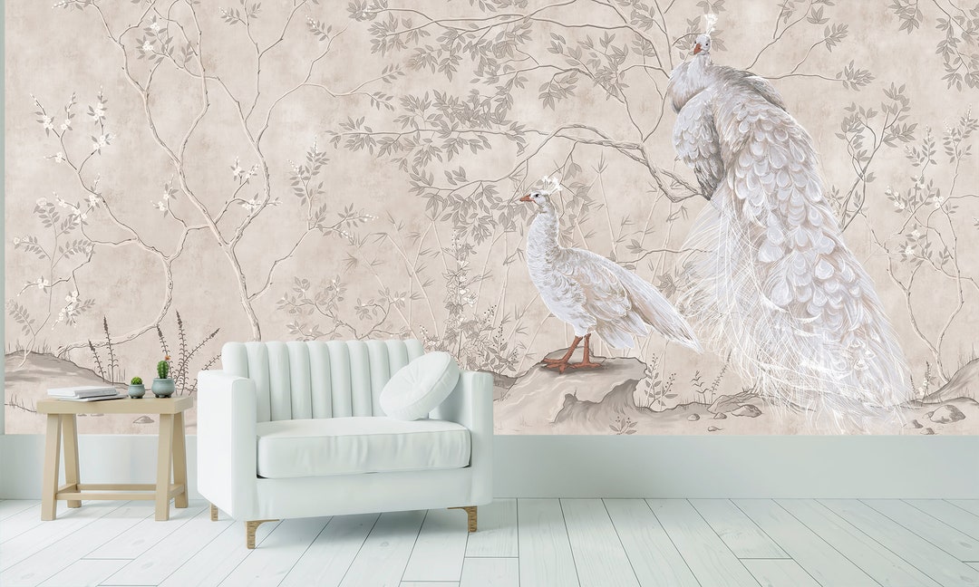 White Peacocks Among Plants and Trees, Wallpaper, Peel and Stick