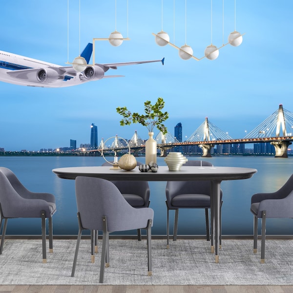 Airplane flying over night city and lake Poster Background Wallpaper, Self Adhesive, Peel and Stick, Home decor, removable wallpaper, Murals