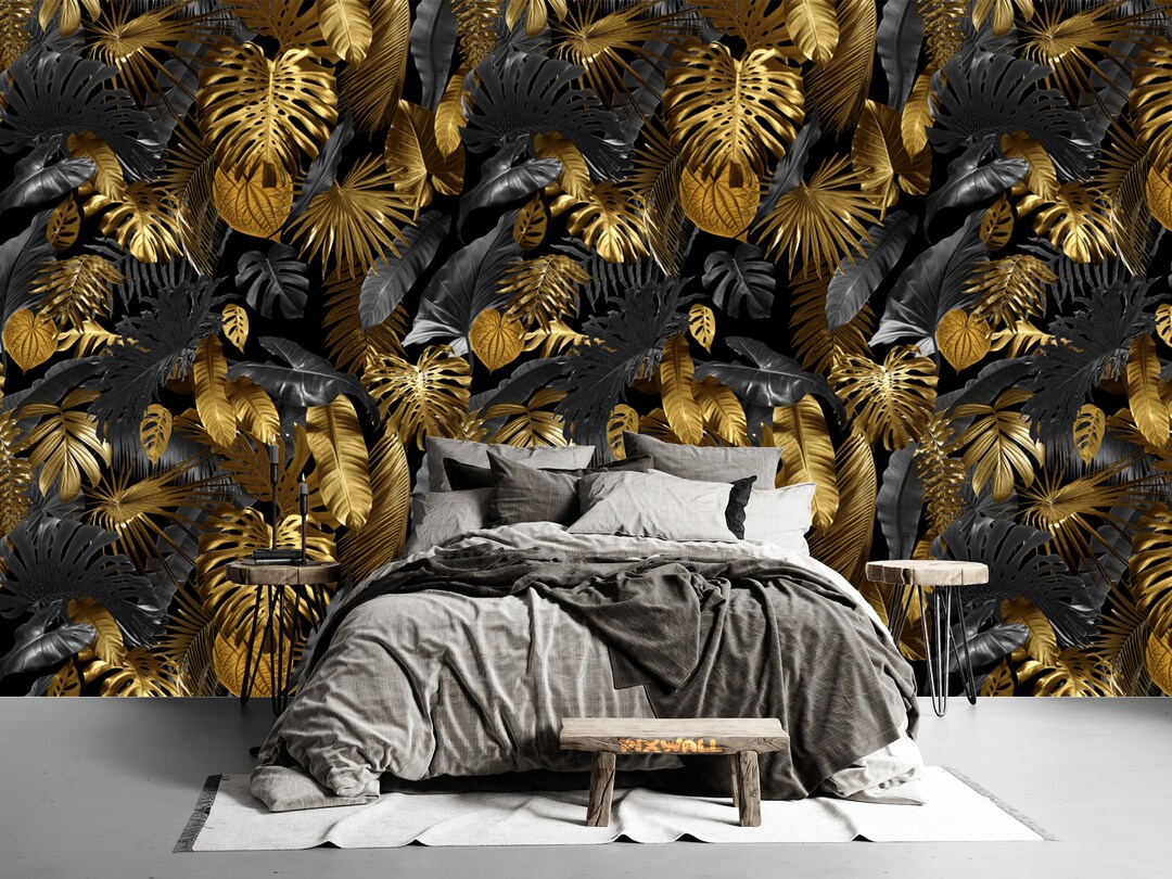 Black and Gold Palm Leaves Wallpaper Self Adhesive Tropical Etsy