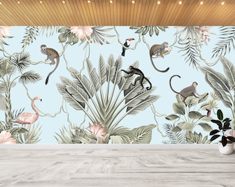 Flamingo and monkeys among banana leaves in tropical forest,peel and stick, wall mural, self adhesive removable wallpaper and wall mural