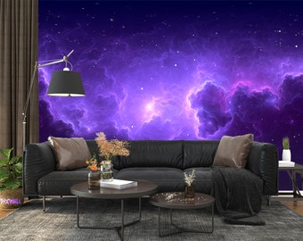 Big purple nebula in dark space wallpaper, peel and stick wallpaper, removable wallpaper, adhesive wall mural