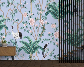 Chinoiserie Cranes and Black Parrot on Pink Flowers  Wallpaper, Self Adhesive Wallpaper, Peel and Stick Mural, Removable Vinyl Wallpaper