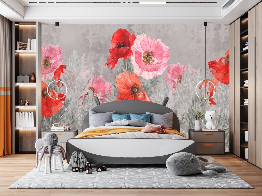 Red Poppy Flower Wallpaper, Living Room Mural, Peel and Stick Wallpaper