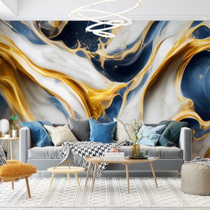 3D Gold Blue and White Colors Peel and Stick Wallpaper, removable wallpaper, office wallpaper, self adhesive