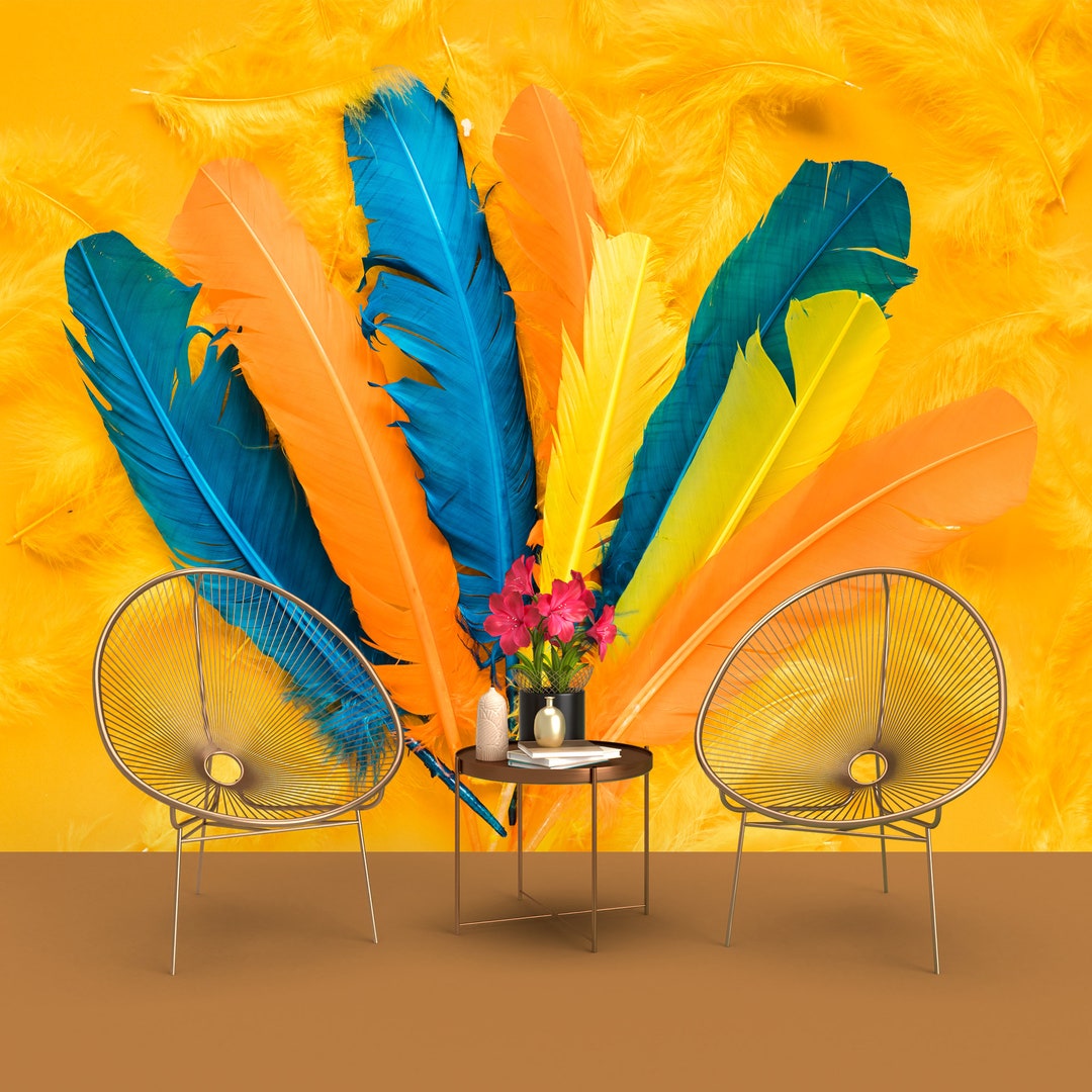 Blue Yellow and Orange Color Bird Feather, Living Room, Removable, Self ...